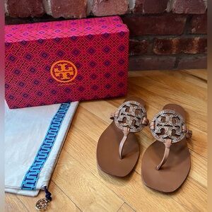 **SOLD** Tory Burch Tan Brown Crystal Embellished Square Toe Miller Sandals